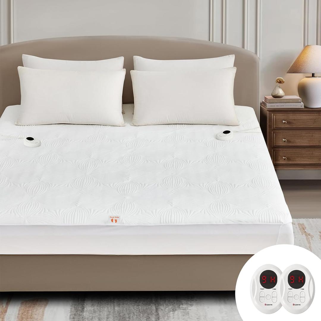 Bwarm Heated Mattress Pad ETL Certified Flower Bed Warmer with 9 Heat Settings, 1-12 Hours Auto Off Deep Pocket, Machine Washable, White (King)
