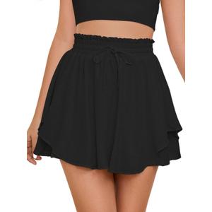 Bsubseach Womens Flowy Skirt with Shorts Ruffle Skorts Elastic Skirts Beach Shorts for Summer (X-Large, Black)