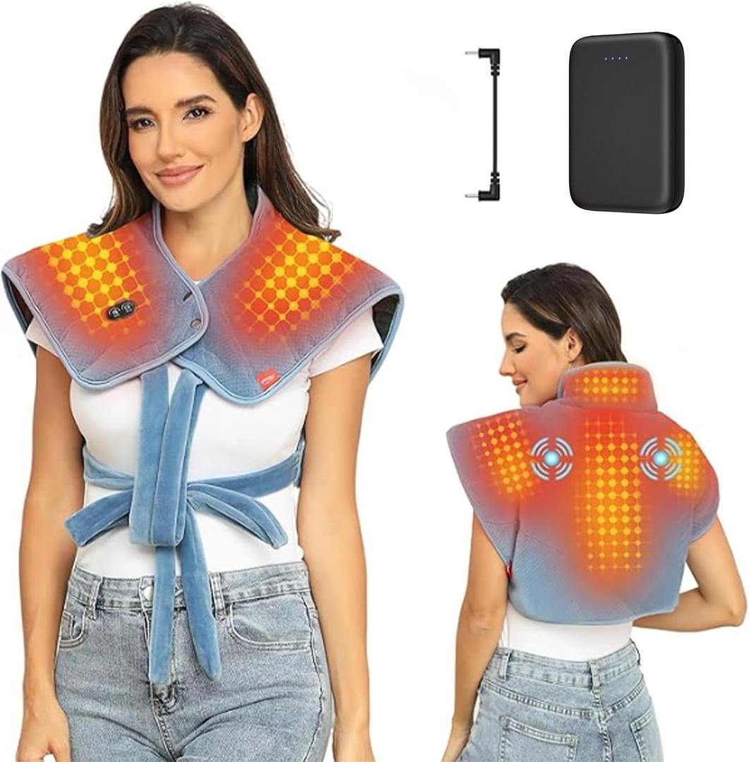 Weighted Heating Pad for Neck and Shoulders and Back with Battery,12V Portable Heated Pad with Vibration Massager and 3 Heating Modes,Electric Heat Pad for Men Women,16.9'' x 23.6'' (Sky Blue)