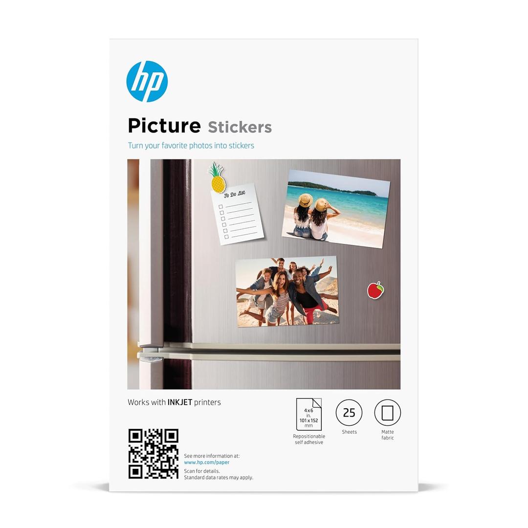 HP Picture Stickers 4x6in, 25 sheets Self-Adhesive, Easily repositionable, Matte Photo Stickers. Print, Peel & Stick All Inkjet printers and craft cutters. (8L1U8A)