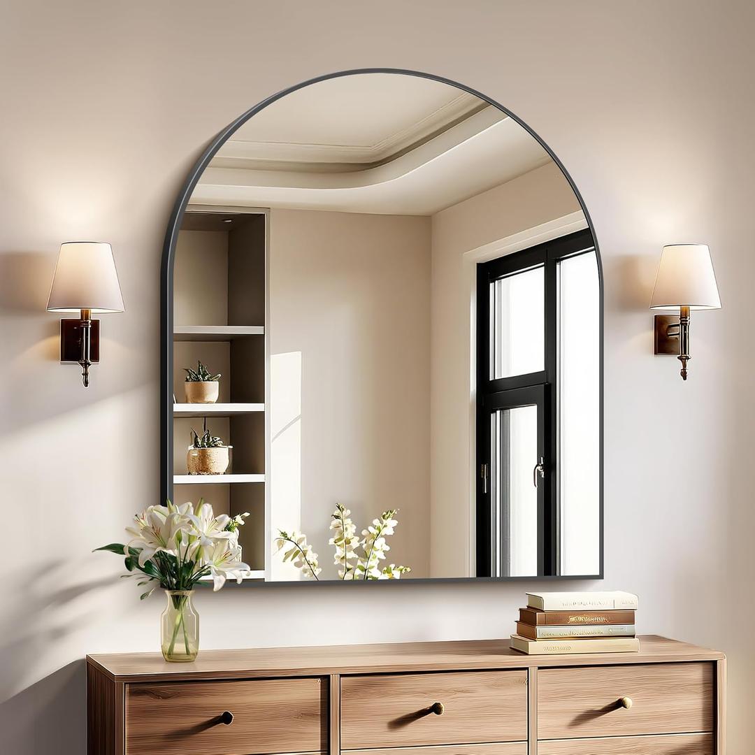 Black Arch Mirror, 30x36 Black Mirror for Bathroom, Wide Arched Bathroom Mirror with Metal Wall Mounted Mirror for Bedroom Living Room Entryway Modern