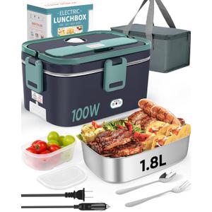 Eocolz Electric Lunch Box Food Heater Warmer 100W, 1.8L Portable Heated Lunch Box for Car Truck Work with Stainless Steel Container Fork & Spoon 12/24/110V Lonchera Elctrica
