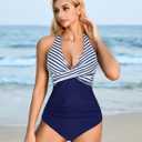 SUUKSESS Women Sexy Tummy Control One Piece Swimsuits Halter Push Up Bathing Suits (Blue, M)