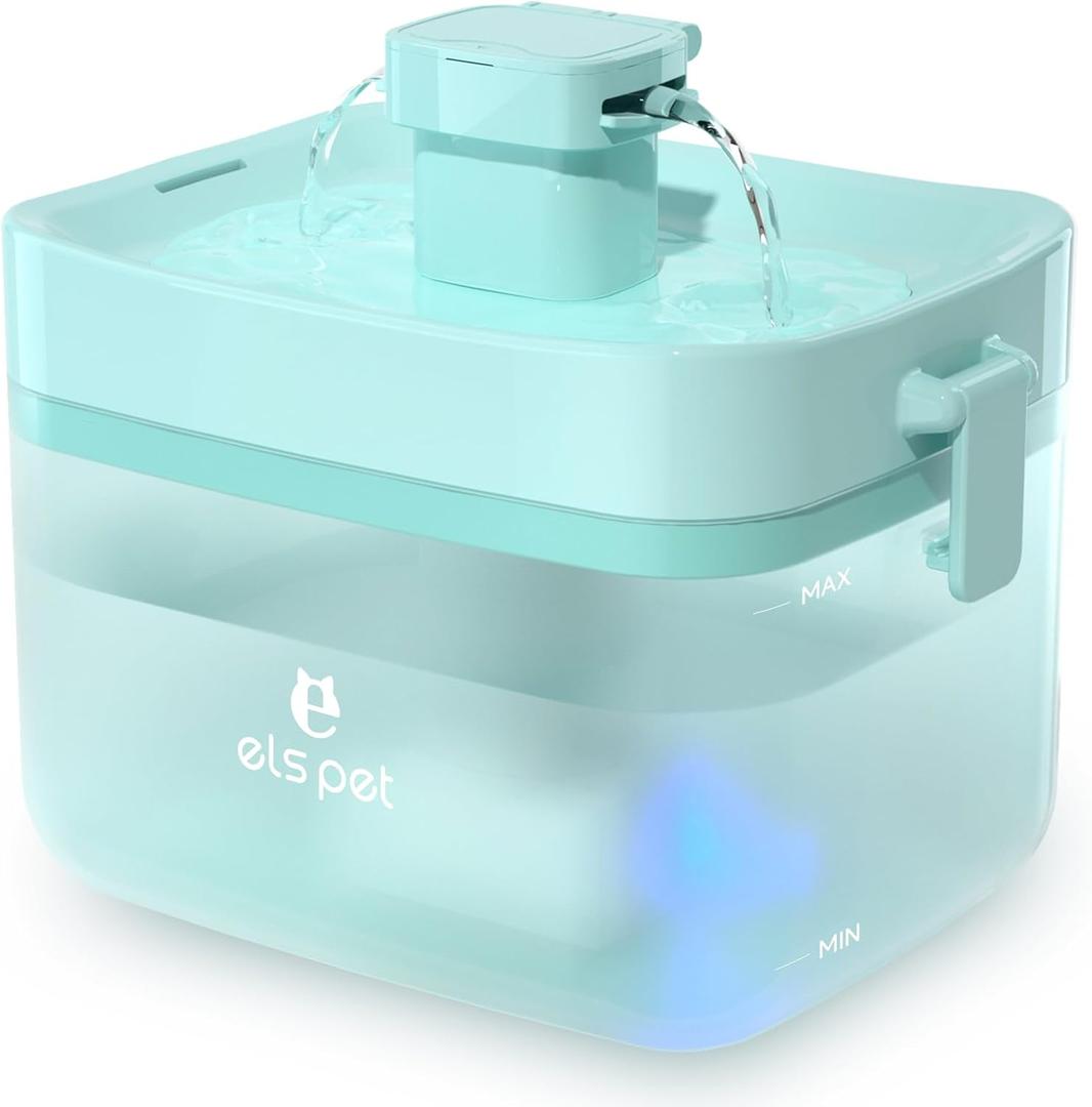ELS PET Automatic Cat Fountain, USB 20dB Ultra-Quiet, Translucent Mini Water Tank, 50.7oz Cat Water Bowl for Small to Medium Size Cat Dog Green