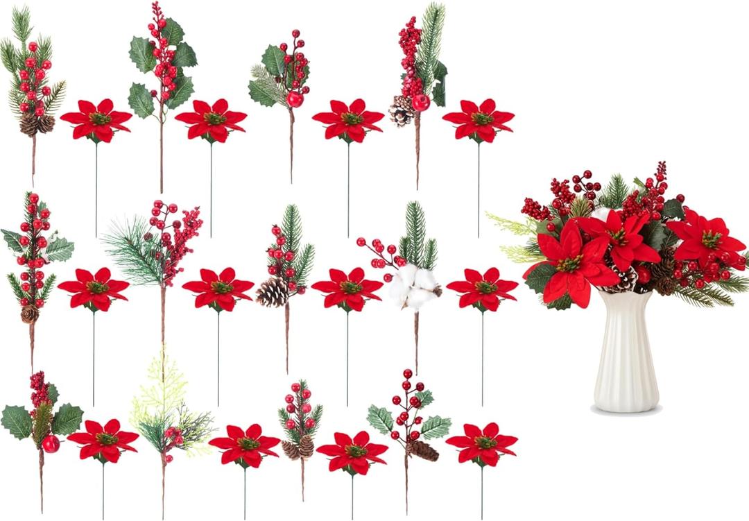 WILLBOND 24 Pcs Christmas Tree Picks Decorations Red Berry Pine Vase Picks Spray Berry Branches Poinsettia Holly Pine Flower Pick Berries Pinecones for Christmas Crafts Party Festive Home Decor (Bright)