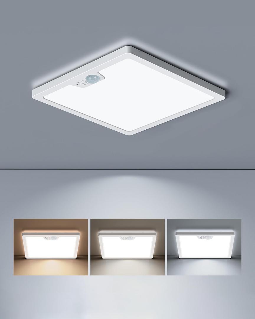 Motion Sensor Ceiling Light Wired, 3000K 4000K 5000K Selectable, 18W 1800LM Flush Mount Light Fixture with 3 Timer, Square Motion Ceiling Light for Closet Porch Stairs Hallway, White (1Pack Square)