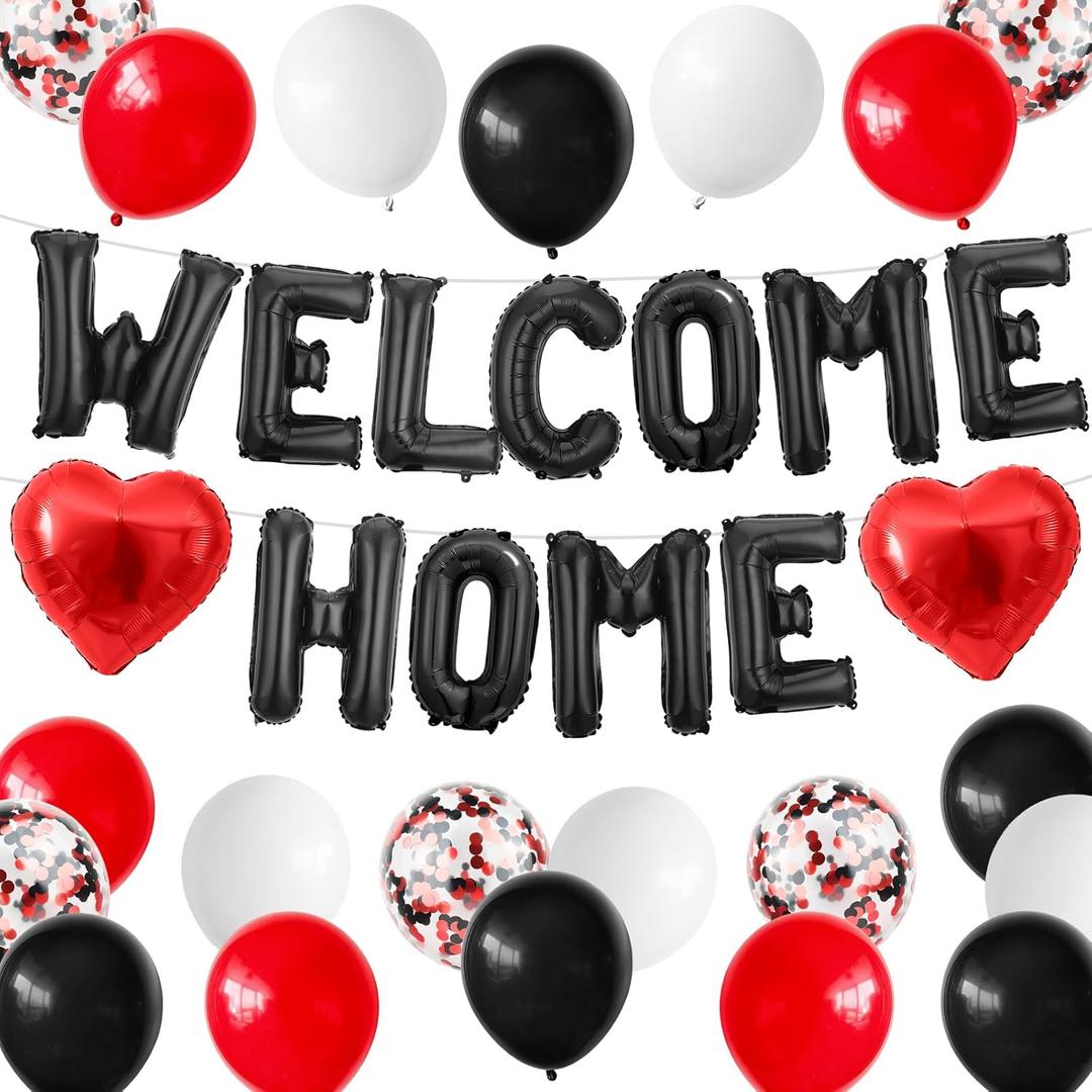 Welcome Home Decorations Black Red,Welcome Home Foil Balloon Banner with Confetti Balloons,Red Heart Balloons for Housewarming Baby Shower Home Family Party Supplies