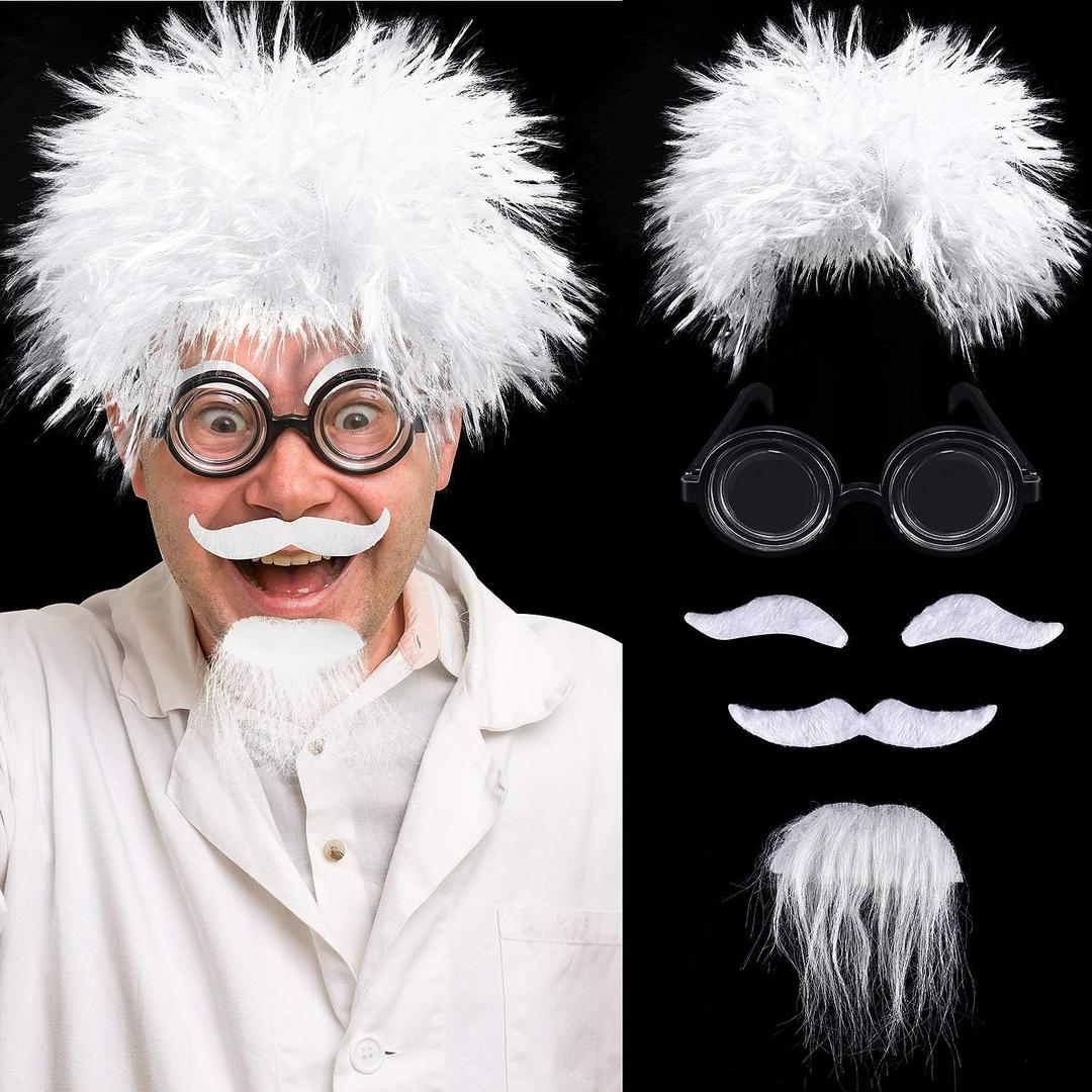 WILLBOND Halloween Scientist Wig Set Includes Nerd Glasses Fake Mustache Eyebrows Scientist Set