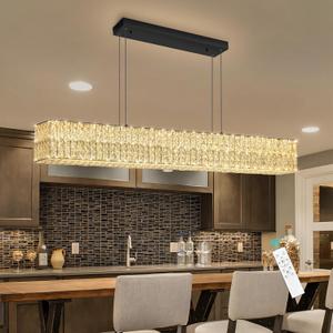 Rectangular Crystal Chandelier with Dimmable LED Lights Dining Room Remote Ceiling Pendants Lighting Fixtures for Kitchen Island Matte Black