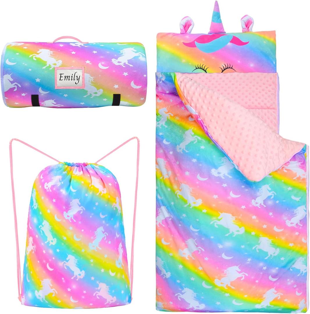 Toddler Nap Mat Girls Unicorn Sleeping Bag with Pillow and Blanket for Kids Slumber Bag for Elementary Preschool Kindergarten Daycare