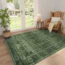 Washable Area Rug for Living Room Bedroom Dining Room Non-Slip Low Pile Boho Vintage Distressed Entryway Rug Traditional Floral Retro Accent Throw Carpet for Dining Room Bathroom Kitchen Green 3x5 