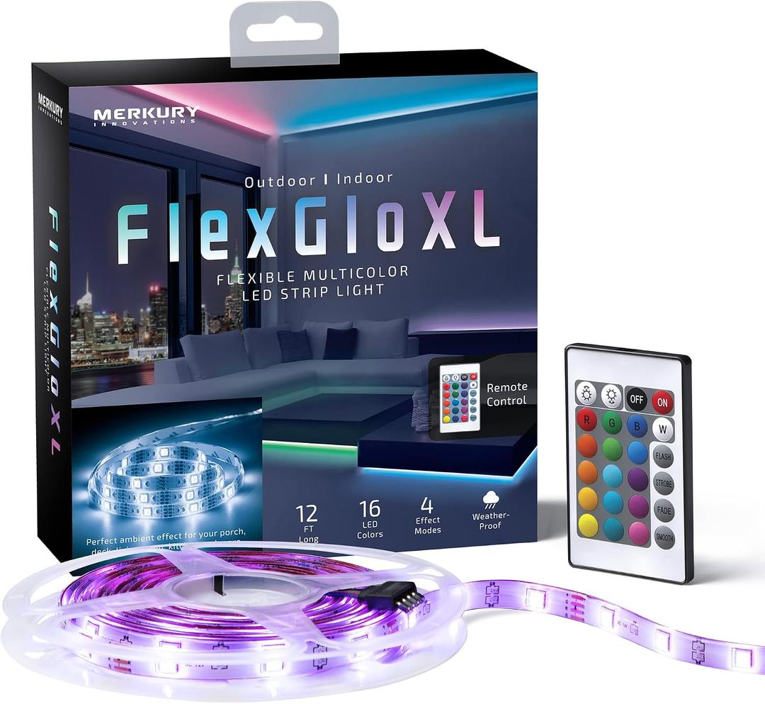 Merkury Innovations FlexGlo Flexible Multi-Colored LED Light Strip | USB Powered LED Light Strip | RGBW LED Party Lights with Adhesive Backing and Remote Control | 16 LED Colors | 4 Effect Modes |6 Ft