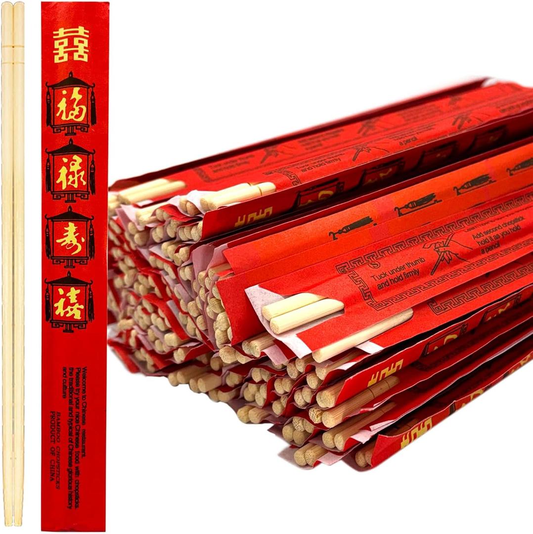 52USA Disposable Bamboo Chopsticks (100 Sets) - 9'' Long, UV Treated, Individually Wrapped Japanese and Chinese Wooden Chopsticks Bulk