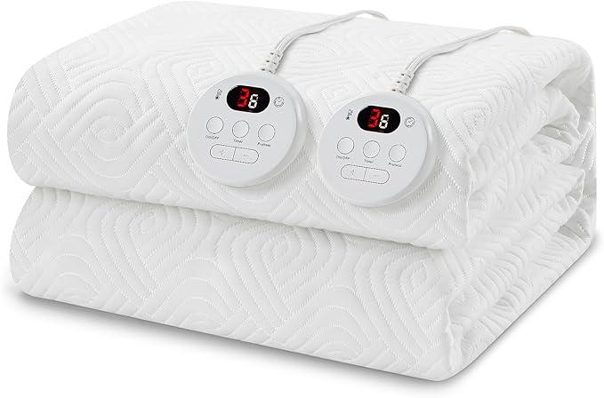 Heated Mattress Pad King Size - Embossed Electric Mattress Pad Cover Dual Control - 1-10 Hours Auto Shut Off with Deep Pocket White