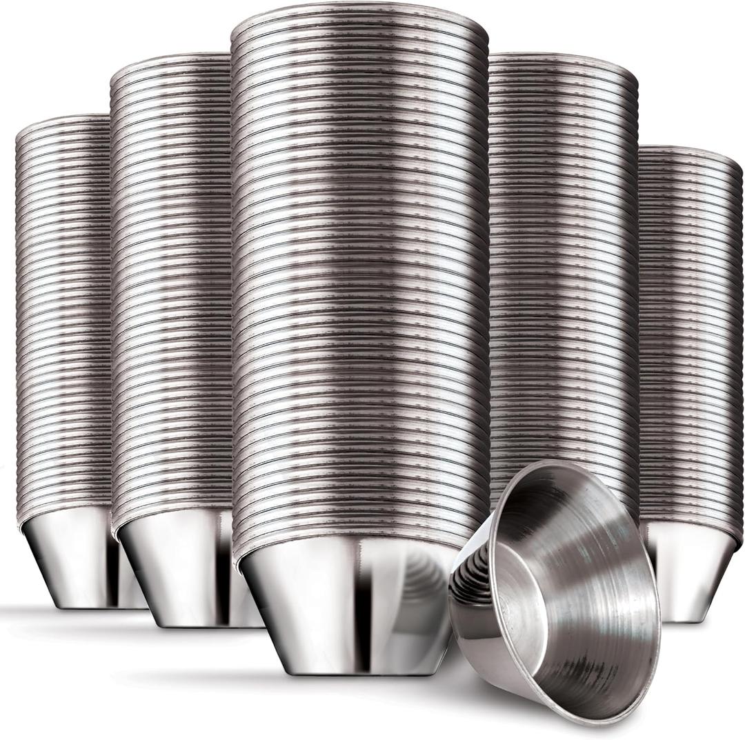 1.5 oz Stainless Steel Condiment Cups (120 Pack), Individual Portion Dipping Sauce Cups, Small Metal Ramekins for Ketchup, Marinara, BBQ Sauce, and More! Reusable Condiment Cups for Restaurants