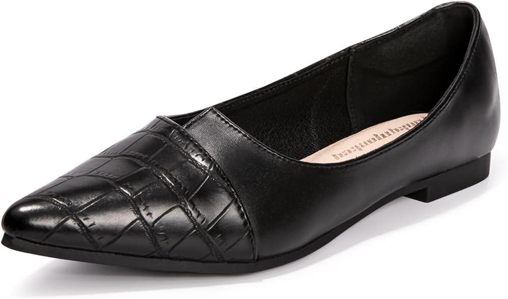 FUNKYMONKEY Black Flats Shoes for Women, Comfort Pointed Toe Slip On Work Shoes (6)