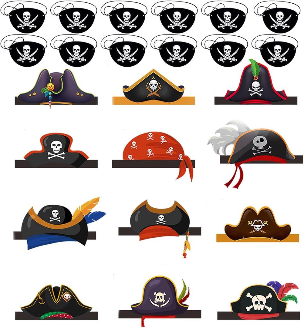 12 Pcs Pirate Party &12 pc Hats Eye Patch: Paper Birthday Hats & Costume Accessories, Pirate-Themed Birthday Decorations & Halloween Supplies