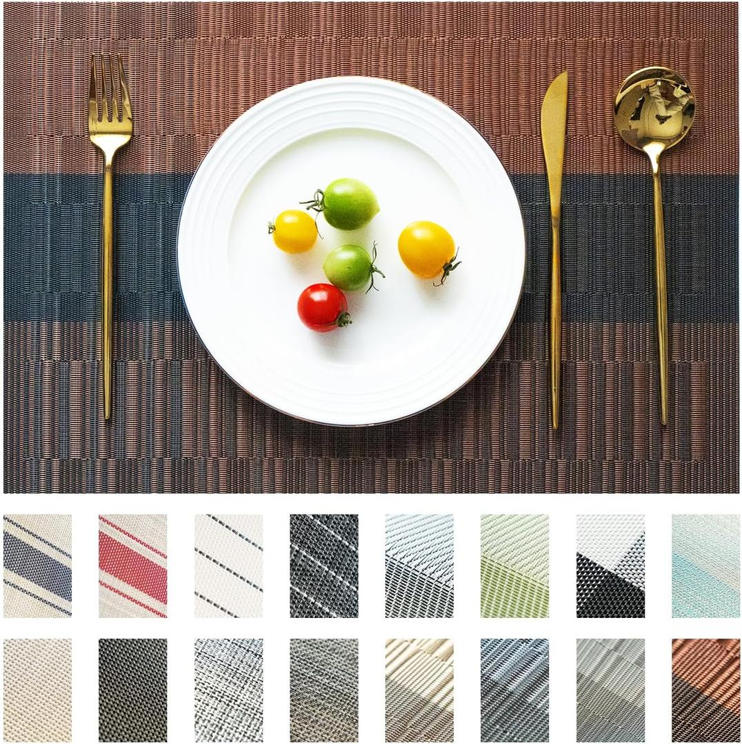 Placemats Set of 6 Vinyl/Plastic Woven Place Mats for Kitchen Table Indoor/Outdoor Washable Placemat Wipeable Dining Table Mats (Ombre Brown Black,6)
