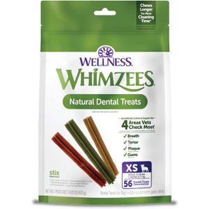 Wellness WHIMZEES Stix Natural Dog Dental Treat, Chews, Freshens Breath, Extra-Small Size, 14.81 oz Bag, 56 Count (EXP 07/14/29)
