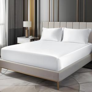 BEDELITE Satin Fitted Sheet and Pillowcases Set, Luxury Soft Similar to Silk Bottom Bed Sheet with Elastic Corner Straps, Deep Pocket up to 15 Inch, 1 Fitted Sheet and 2 Pillowcases (Full, White)