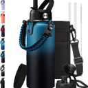 32/40/64/128oz Water Bottle with Straw Auto Spout Lid Keep Cold 48h, Insulated Water Bottles 32 oz with Strap Carrier, Protective Boot & Paracord Handle (Indigo Black)