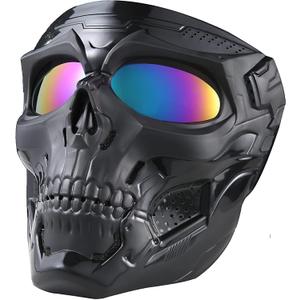 Skull Mask Full Face Tactical Masks for CS Survival Games Shooting Cosplay Movie Paintball Halloween Scary Masks (Black+Colourful-Lens)