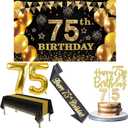 75th Birthday Decorations Men Women with 75th Birthday Banner, Black and Gold Table Cloth, Number Balloons, Large Sash, Cake Topper and Candles