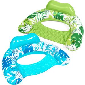 SLOOSH Inflatable Pool Floats Adult,2 Pack Pool Chairs with Cup Holders,Blow up Floats Chair,Hammock Noodle Mat Leaves Design for Relaxing Summer Water Fun Swimming Party Beach (Blue,Green)