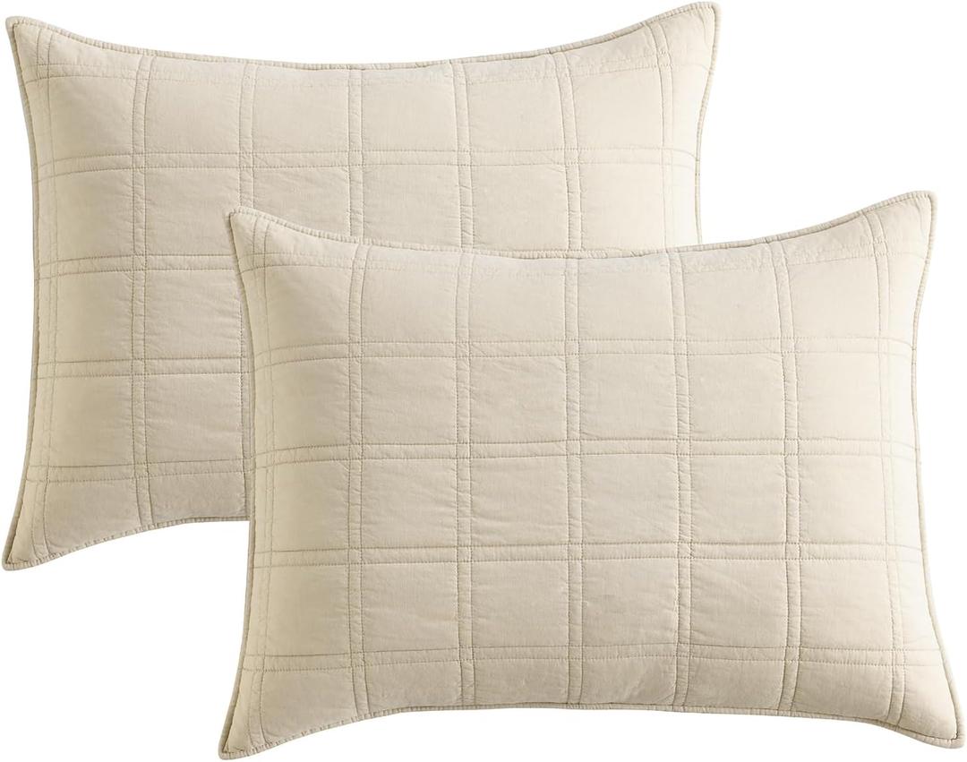 HORIMOTE HOME 100% Cotton Quilted Pillow Shams Standard Size, Beige Pre-Washed 2 Pack 20" x 26" Cozy Pillowcases, Breathable Stitching Pillow Cases Cover Decorative for Bed in Geometric Pattern