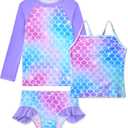 Girls Rash Guard Swimsuit 3 Pieces Long Sleeve UPF50+ Quick Dry Bathing Suit for Toddler 3-12Y (Purple)
