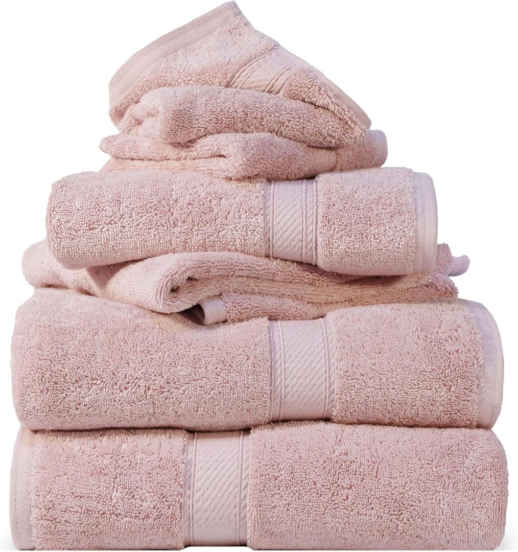 Superior Egyptian Cotton Pile 6 Piece Towel Set, Includes 2 Bath, 2 Hand, 2 Face Towels/Washcloths, Ultra Soft Luxury Towels, Thick Plush Essentials, Guest Bath, Spa, Hotel Bathroom, Tea Rose