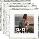 KINLINK 12x12 Picture Frame Rustic White Set of 4, Wooden Square Photo Frames Matted 8x8 with Plexiglass for 8x8 with Mat or 12x12 without Mat for Table and Wall Display