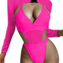 Rave Outfits for Women - EDC Festival Neon Bodysuit Concert Swimsuit Mesh Buckle Crop Top Club Party 2 Pcs Set (X-Small, Rose)