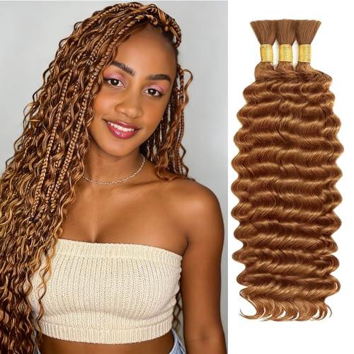 Dabork #30 Auburn Ginger Human Braiding Hair 20 Inch 150g 3 Bundles/Pack Bulk Deep Wave No Weft Human Hair for Boho Box Braids Extensions