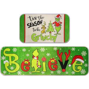 Christmas Decorations Indoor Christmas Kitchen Bathroom Door Mat Non Slip and Washable Winter Rubber Santa Snowflakes Door Mat for Outdoor Indoor 16x28 and 16 * 48Inch (Green)