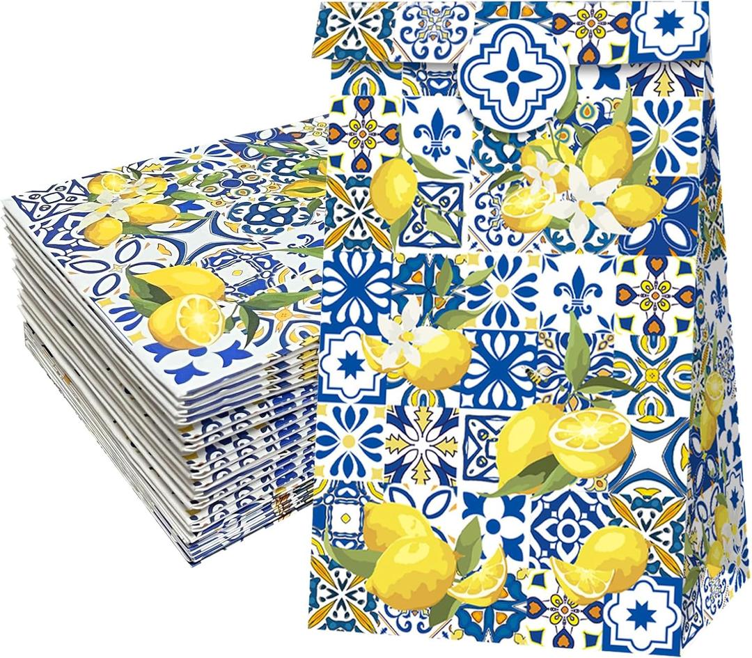 24 pcs Capri Lemon Print Party Favor Bags Kraft Paper Gift Bags, Blue Tiles Yellow Lemon Goodie Candy Bags Kraft Treat Paper Bags with Stickers for Spring Summer Birthday Wedding Party Supplies