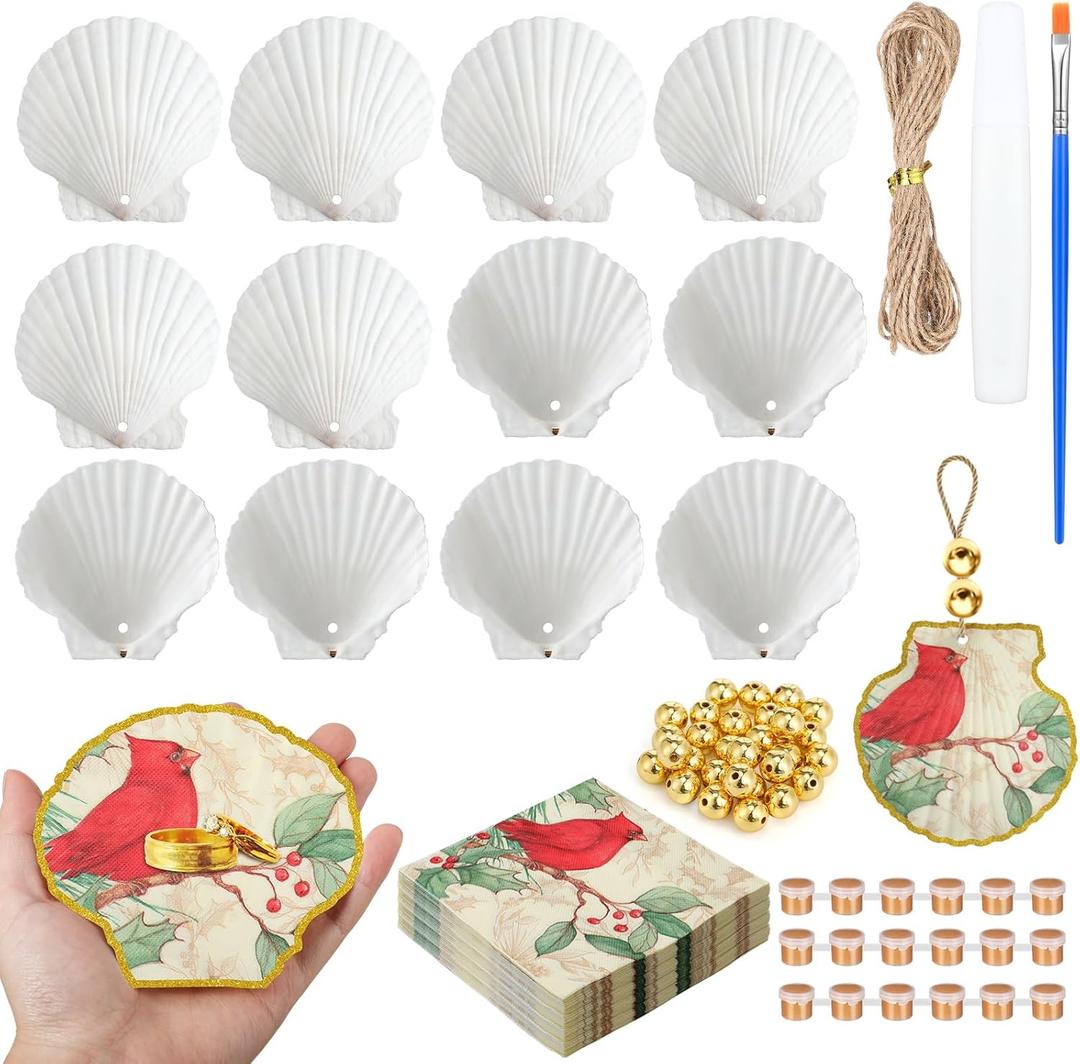 Gilprop 12 Pcs Cardinal Christmas Tree Ornaments Hanging 4''-5'' Clam Scallop Shells with 24 Pcs Red Cardinal Decoupage Paper and Ropes for DIY Xmas Tree Gifts Holiday Decor Home