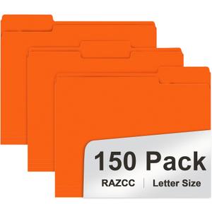 File Folder, RAZCC 150 Pack 1/3 Cut Tab File Folders Letter Size, Orange, Folders with Tab, Great for Organizing and Easy File Storage