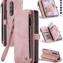 Defencase Wallet Case Compatible with Samsung Galaxy Z Fold 4 with RFID Blocking Card Holder & S Pen Holder PU Leather Magnetic Snap Flip Zipper Strap Phone Case Fit for Galaxy Z Fold 4, Rose Pink