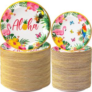 Dandat 192 Pcs Hawaiian Luau Party Decorations Supplies, Luau Tropical Birthday Party Disposable Plates Summer Boho Beach Holiday Party Paper Plates