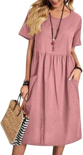 utcoco Womens Summer Cotton Linen T Shirt Dress Casual Loose Fit Crewneck Short Sleeve Midi Dresses with Pockets Size XXL
