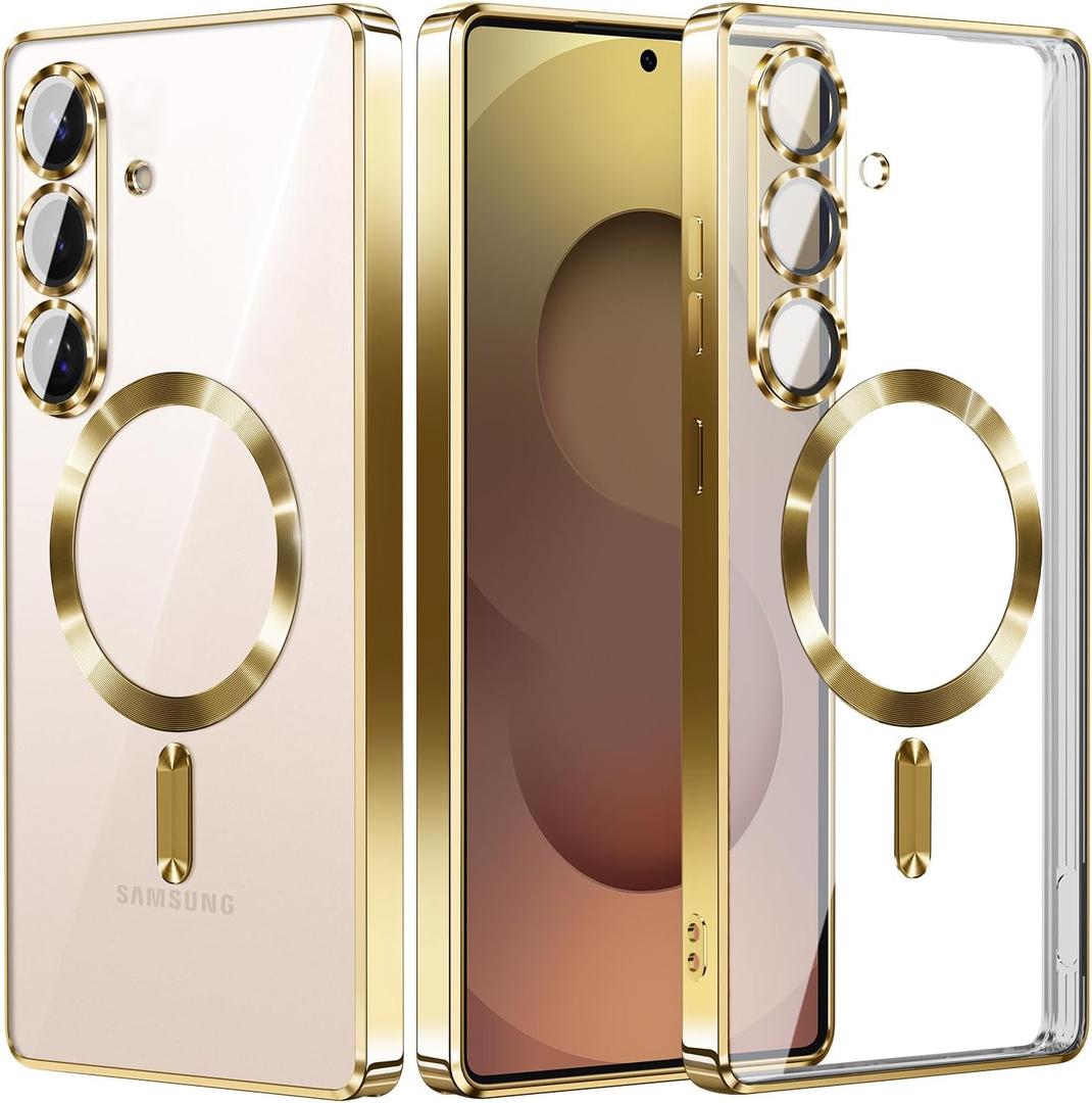 for Samsung Galaxy S25 Plus Case.Phone Cover Clear Back Surrounding Plating Metallic Glossy.Magnetic Case Slim Thin Soft funda capa para 6.7" Built-in Lens Protector (Gold)