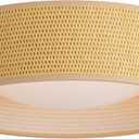 13" Woven Rattan-Style Boho Flush Mount Ceiling Light, LED 24W 3000K Closed to Ceiling Light Fixture with Classic Linen Drum Design for Bedrooms, Kitchen, Dining Room, Hallway (Yellow)