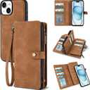 TwoHead Wallet Case Compatible with iPhone 15,Detachable Magnetic Phone Case,All-Round Protective Leather Phone Case with Card Holder,6.1 in,Brown