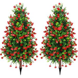 Sunnyglade 2 Packs 27.5" Artificial Rose Tree, Fake Rose Shrub Bushes Trees with Spike Faux Topiary Plants Tree for Indoor, Garden, Yard, Porch, Patio Decor (Red)
