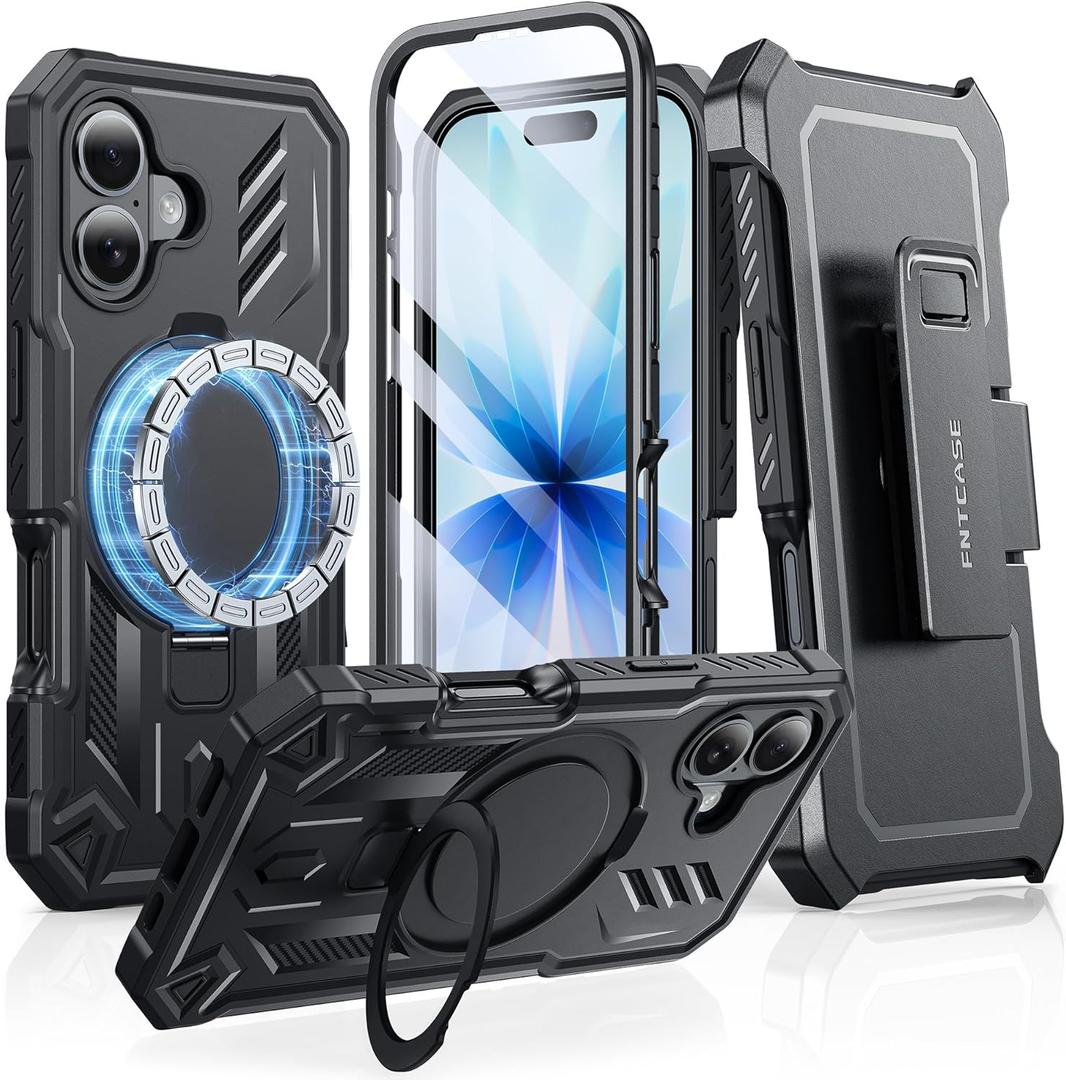 FNTCASE for iPhone 17 Phone Case: with Kickstand [Built-in Screen Protector & Belt Clip] [Compatible with MagSafe] Military-Grade Drop Protective Shockproof TPU Sturdy Magnetic Phone Cover Black