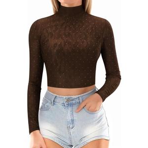 MANGOPOP Women's Short Sleeve Long Sleeve Sheer Mesh Crop Tops Tee Shirt Blouse (Medium)