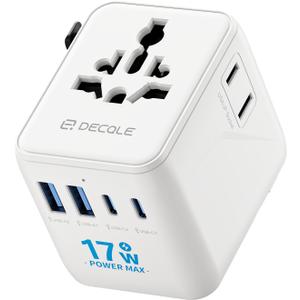 Universal Travel Adapter, International Travel Plug Adapter with 2 USB-C  2 USB-A Ports, with Extra 2 Prong AC Outlet All in One Portable Socket, for USA, UK, EU, AU  224+ Countries (White)