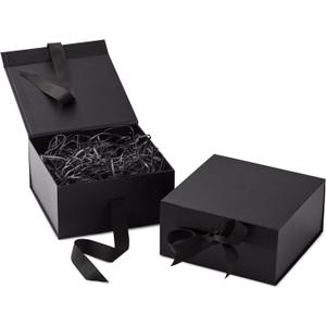 Hallmark Medium Gift Boxes with Bow and Shredded Paper Fill, Pack of 2 (Black 8 inch Box) for Weddings, Graduations, Birthdays, Father's Day, Groomsmen Gifts, All Occasion