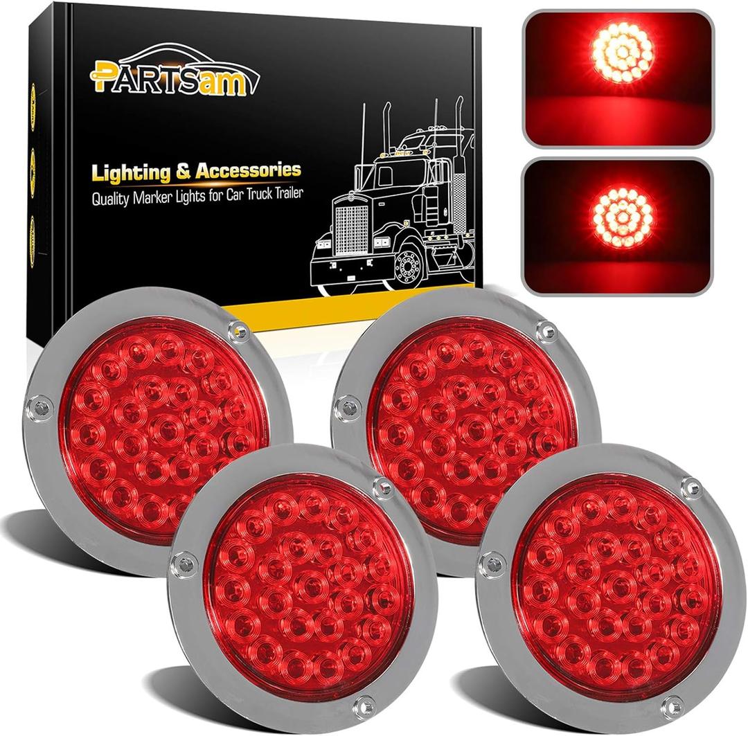 Partsam 4Pcs 4" Round Red LED Stop Turn Tail Lights Brake Trailer Lights 24LED, 4 Inch Round Led Trailer Tail Lights Red Flange Mount Waterproof for RV Trucks 12V DC